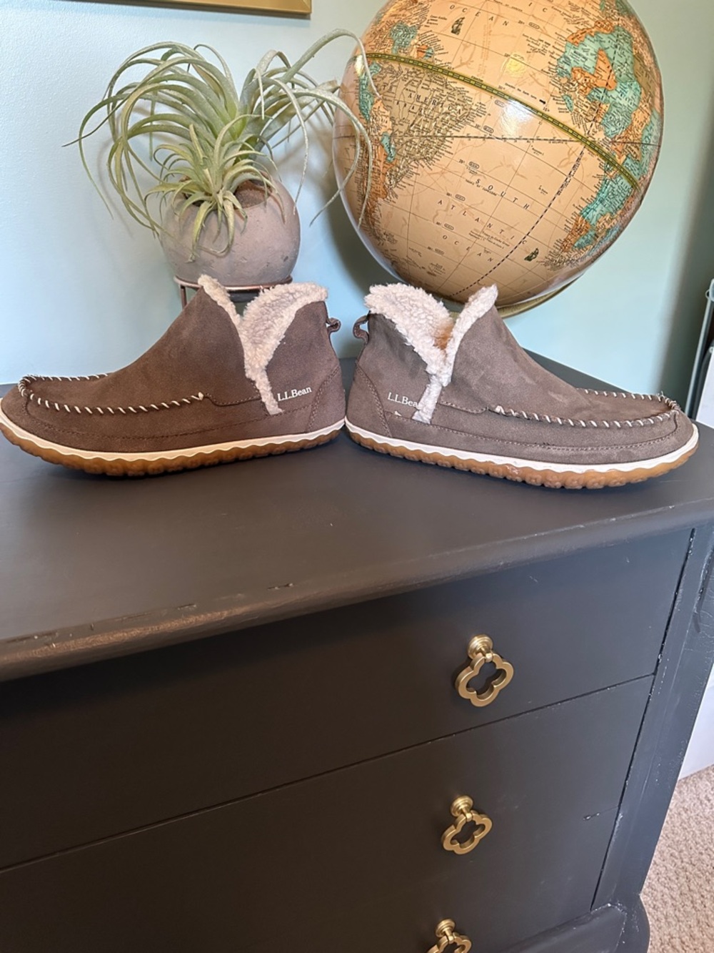 L.L. Bean Brown Suede Sherpa-Trim Slip-On Moccasins - Picture 2 of 7